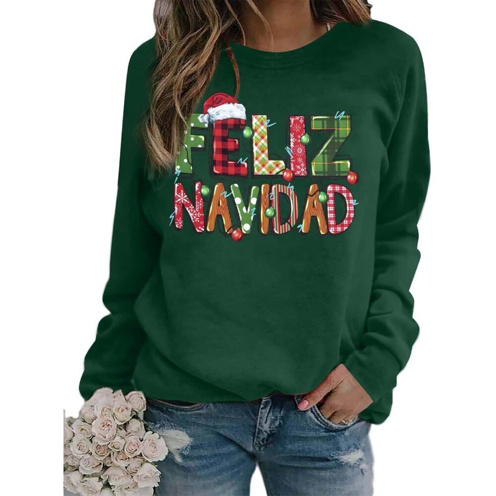 Women Christmas Sweatshirt Bright Lights Santa Feliz Navidad Mexican Holiday Top - Picture 1 of 5